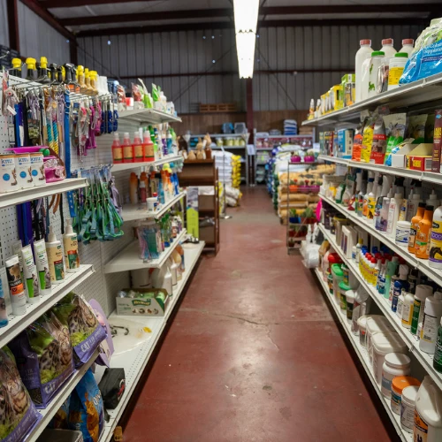 A narrow aisle in a well-stocked neighborhood shop, with shelves of household goods and groceries on both sides and a quiet, practical atmosphere.