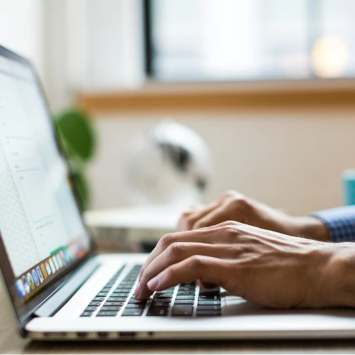 Hands typing on a laptop — special ordering service at M5 Winchester Feed.